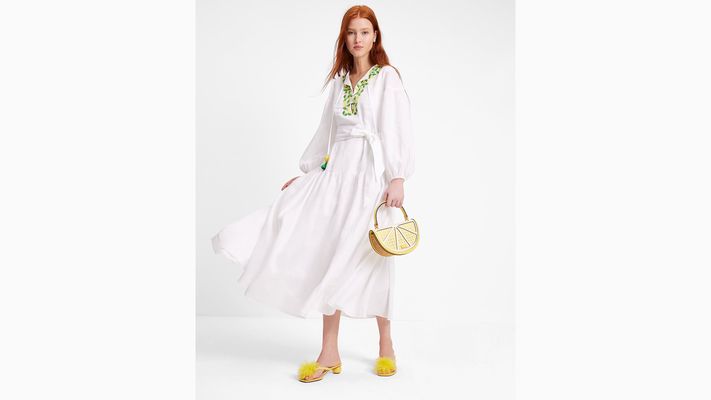 Kate Spade Embroidered Lemons Tie-Waist Shirtdress, Fresh White