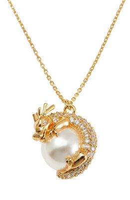 kate spade new york crystal dragon imitation pearl pendant necklace in Clear/Gold