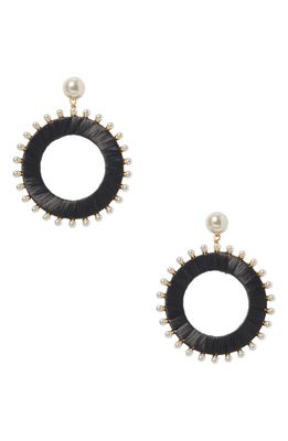 kate spade new york imitation pearl raffia hoop drop earrings in Black Multi.