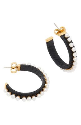 kate spade new york imitation pearl raffia hoop earrings in Black Multi.