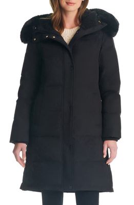 kate spade new york Longline Quilted Parka with Faux Fur Trim in Black