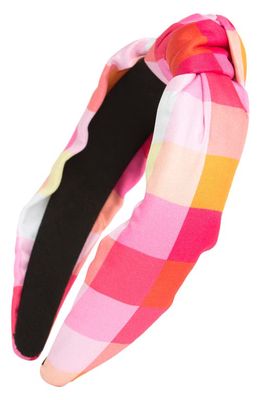 kate spade new york madras plaid knotted silk headband in Pink Multi