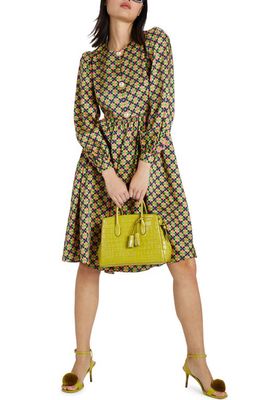 kate spade new york patio tile imitation pearl button long sleeve dress in Lime Zest/Pink Cloud