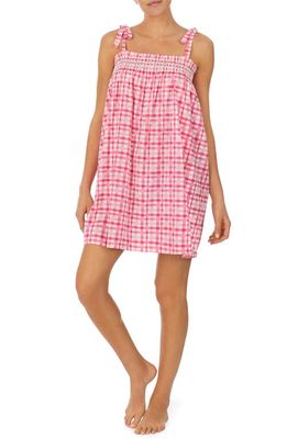 kate spade new york plaid smocked cotton blend nightgown in Pink Pld