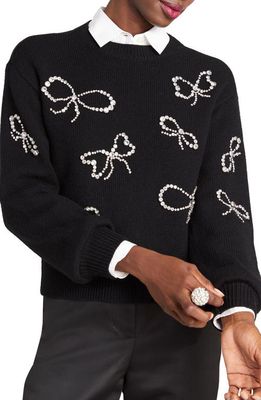 kate spade new york rhinestone bow embellished wool crewneck sweater in Black