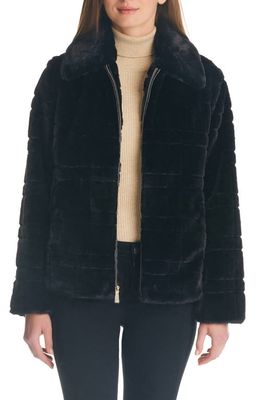 kate spade new york short plaid grooved faux fur jacket in Black