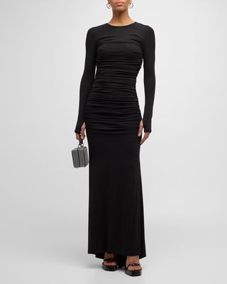 Katherina Long-Sleeve Ruched Jersey Maxi Dress