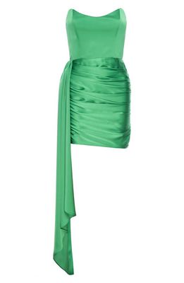 Katie May Chasing Dawn Side Drape Strapless Satin Minidress in Emerald