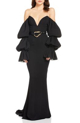 Katie May Estella Tiered Long Sleeve Strapless Mermaid Gown in Black