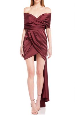 Katie May Miss Jenn Off the Shoulder Satin Cocktail Minidress in Bordeaux