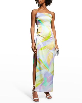Kay Side-Tie Cutout Thigh-Slit Silk Maxi Dress