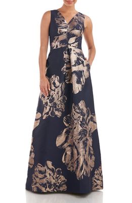 Kay Unger Alaina Shimmer Floral Gown in Deep Navy/Bronze