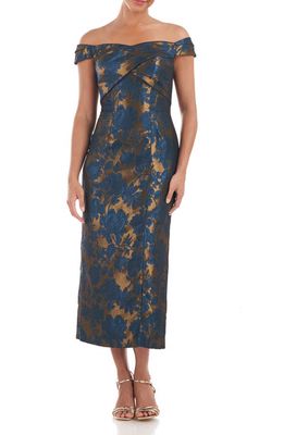 Kay Unger Alessia Off the Shoulder Jacquard Midi Dress in Sapphire/Gold