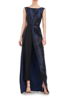 Kay Unger Amal Floral Jacquard Sleeveless Maxi Jumpsuit in Night Blue