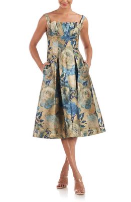 Kay Unger Amira Floral Pleated Midi Dress in Gold Multi