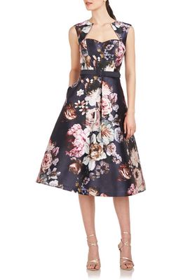 Kay Unger Arielle Floral Print Midi Cocktail Dress in Graphite Multi