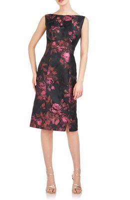 Kay Unger Astaire Floral Print Back Drape Cocktail Dress in Mauvewood Multi
