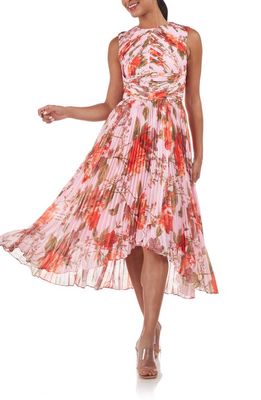 Kay Unger Bea Floral Print Pleated Midi Dress in Rose Tan