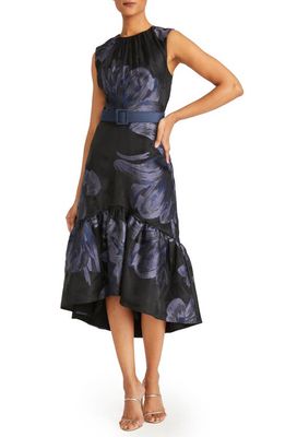 Kay Unger Beatrix Belted Floral High-Low Cocktail Dress in Black/Dark Midnight