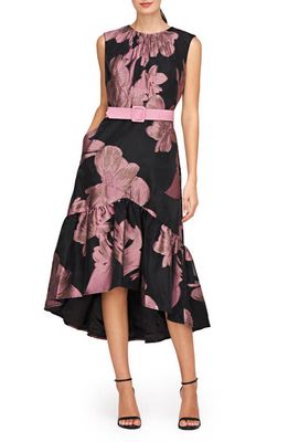 Kay Unger Beatrix Belted Floral High-Low Cocktail Dress in Black/Primrose