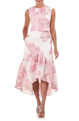 Kay Unger Beatrix Belted Floral High-Low Cocktail Dress in Pale Pink