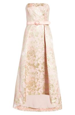 Kay Unger Bella Floral Jacquard Belted High-Low Gown in Blush/Gold
