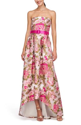 Kay Unger Bella Floral Jacquard Metallic Belted High-Low Gown in Wild Raspberry