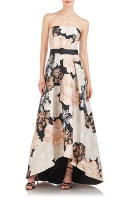 Kay Unger Bella Metallic Floral Print Strapless Dress in Champagne