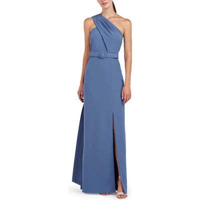 Kay Unger Bowie One-Shoulder Belted Gown in Mediterranean Blue at Nordstrom, Size 6