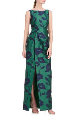 Kay Unger Bridgette Floral Jacquard Column Gown in Emerald/Navy
