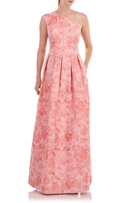 Kay Unger Cara Pleated One-Shoulder Jacquard Gown in Dk. Apricot