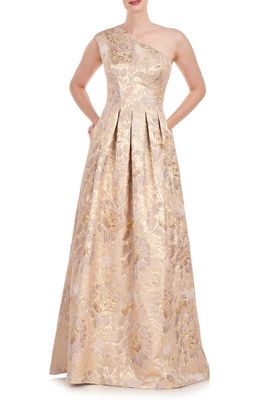 Kay Unger Carolyn Metallic Floral Jacquard One-Shoulder Gown in Hazelnut