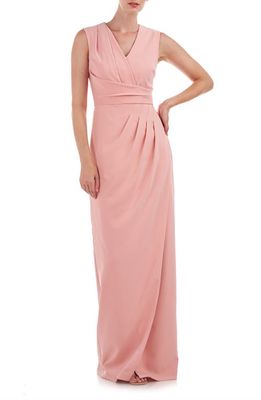 Kay Unger Cassia Pleated Column Gown in Rose Tan