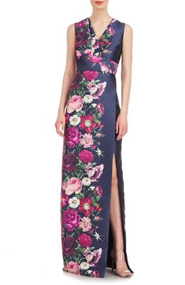 Kay Unger Coraline Floral Faux Wrap Sheath Gown in Dark Midnight