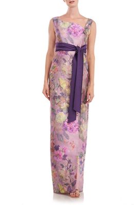 Kay Unger Cosette Floral Print Column Gown in Wood Rose Multi