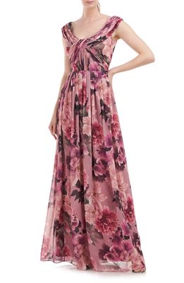 Kay Unger Dawson Floral Chiffon Gown in Wood Rose