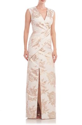 Kay Unger Donna Pleated Column Gown in Champagne