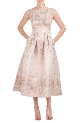 Kay Unger Elsa Metallic Floral A-Line Midi Dress in Almond