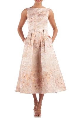 Kay Unger Elsa Metallic Floral A-Line Midi Dress in Soft Blush