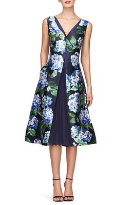 Kay Unger Giavanna Floral A-Line Midi Dress in Midnight Blue 