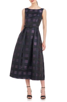 Kay Unger Isla Plaid Pleated Belted Cocktail Dress in Black/Night Blue