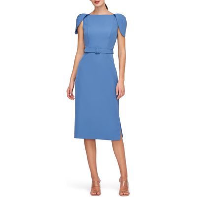 Kay Unger Ivette Cape Sleeve Sheath Midi Dress in Spring Blue 