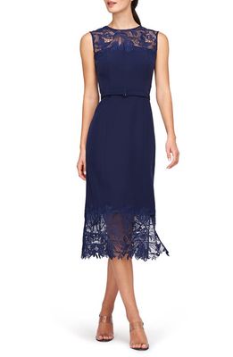 Kay Unger Jamie Lace Trim Belted Midi Dress in Dark Twilight 