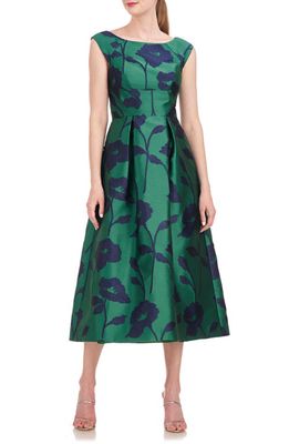 Kay Unger Jenni Floral Jacquard A-Line Dress in Emerald/Navy