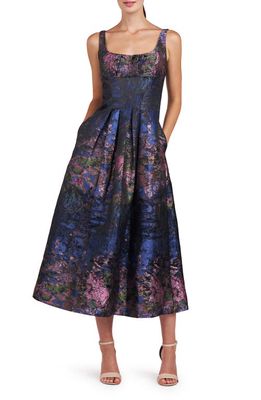 Kay Unger June Floral Jacquard Cocktail Midi Dress in Dark Navy at Nordstrom, Size 18