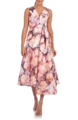 Kay Unger Lani Floral Print Cocktail Midi Dress in Soft Orchid Multi