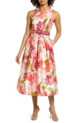 Kay Unger Liberty Floral Print Cocktail Dress in Coral Reef/Multi