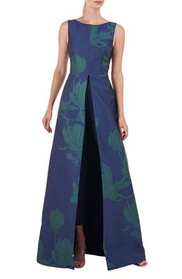 Kay Unger Lorena Floral Maxi Jumpsuit in Marine Blue/Jade 