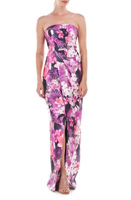 Kay Unger Lucienne Floral Strapless Column Gown in Magenta Purple/Pink