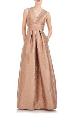 Kay Unger Mariah Crinkle Pleated Gown in Champagne